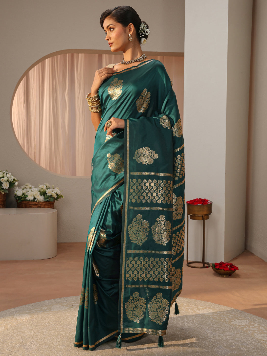  Dark Green Kanjeevaram Silk Blend Saree 