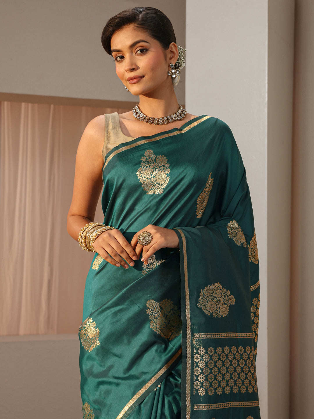  Dark Green Kanjeevaram Silk Blend Saree 