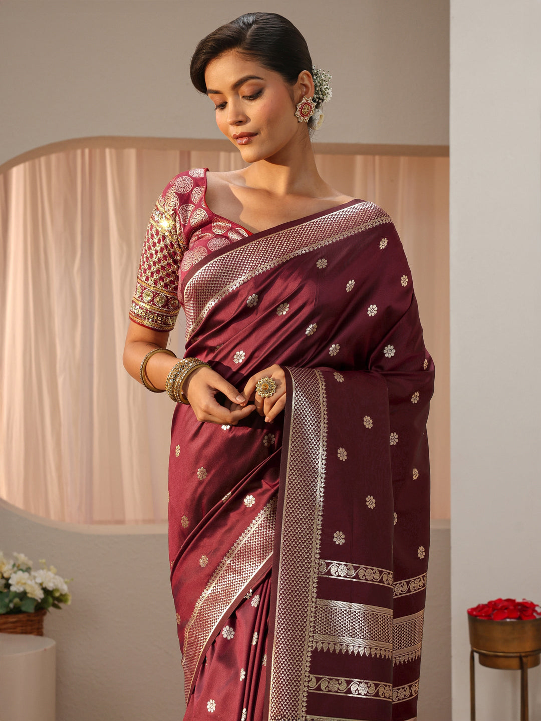  Maroon Kanjeevaram Silk Blend Saree 