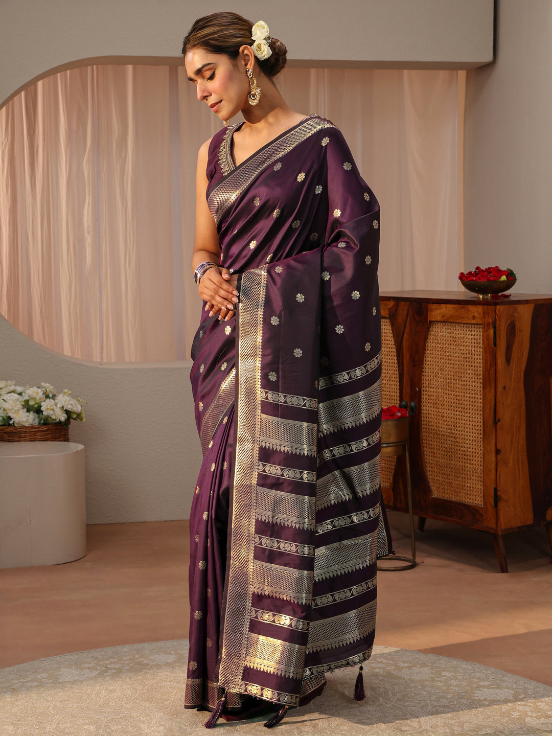  Burgundy Kanjeevaram Silk Blend Saree 
