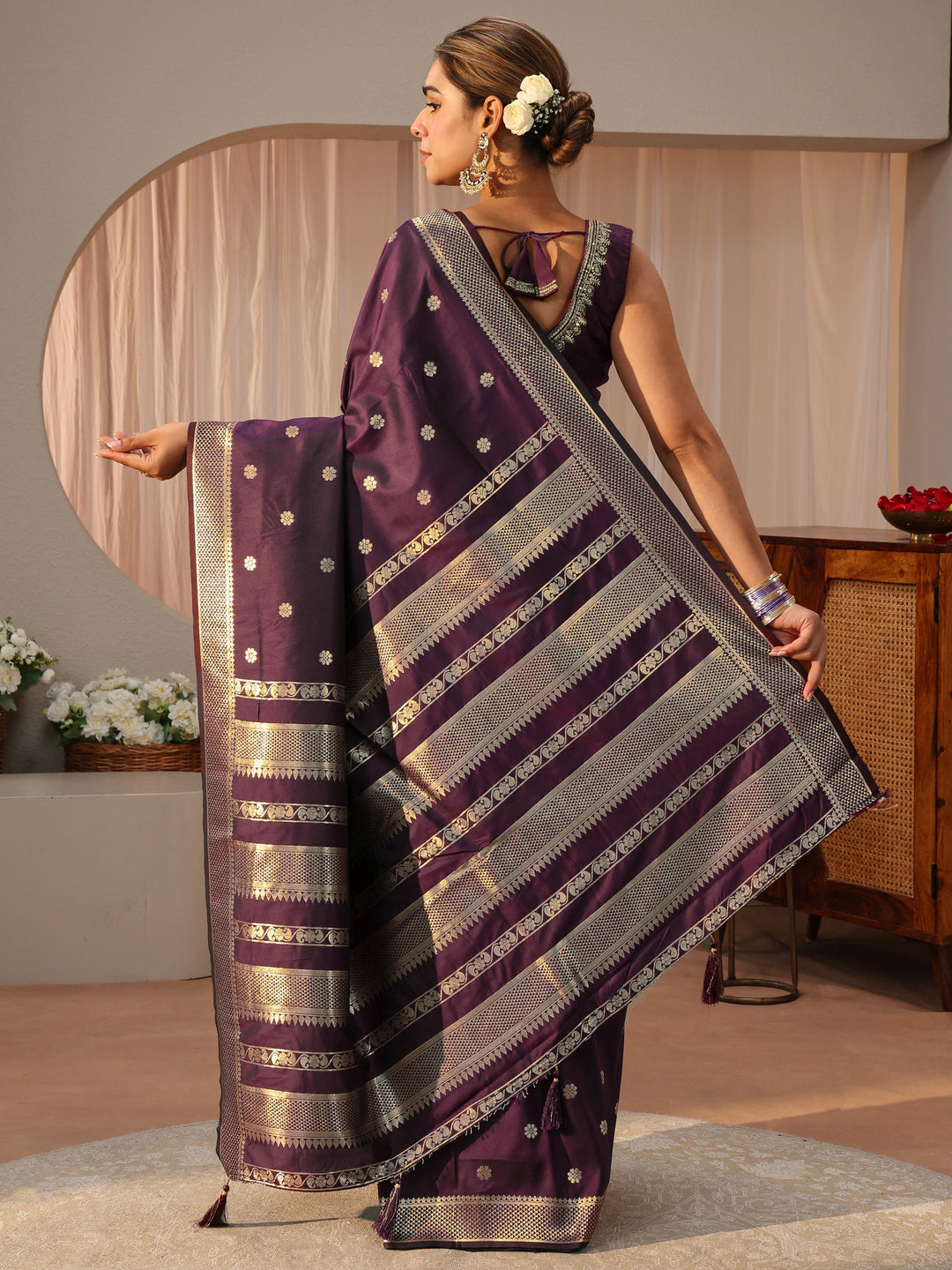  Burgundy Kanjeevaram Silk Blend Saree 