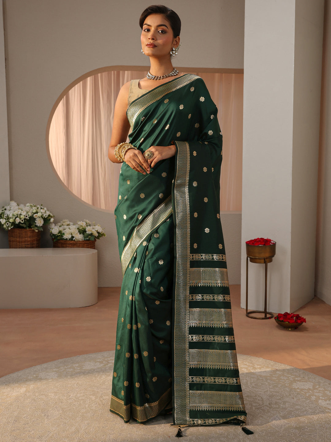  Dark Green Kanjeevaram Silk Blend Saree 