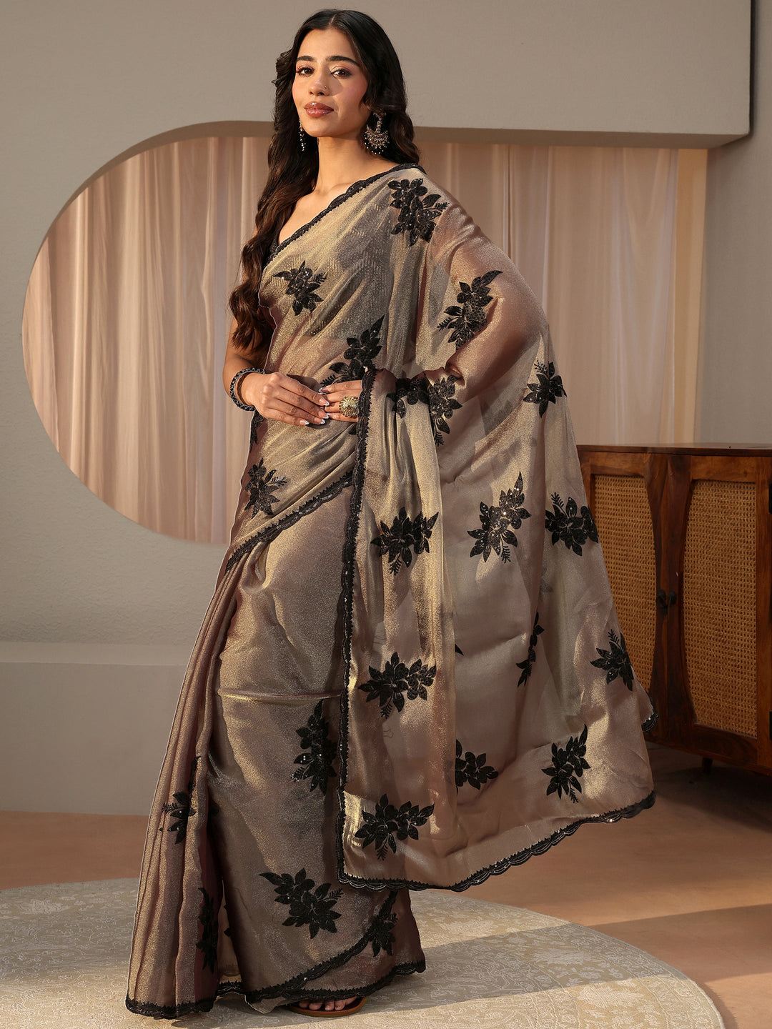  Taupe Floral Embroidered Glossy Tissue Saree 
