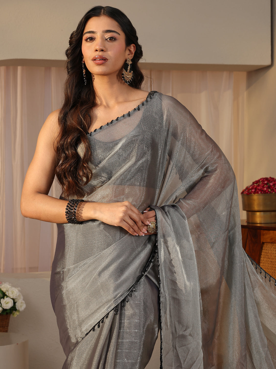  Grey Solid Glossy Tissue Saree 