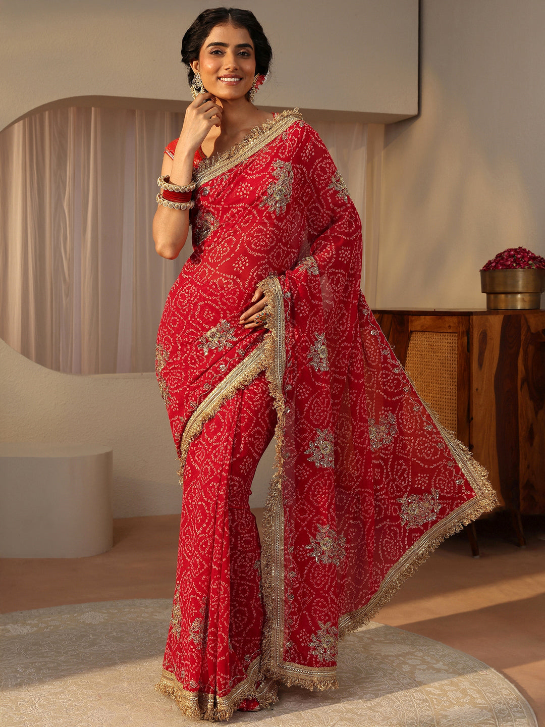  Red Bandhani Printed Chiffon Saree 