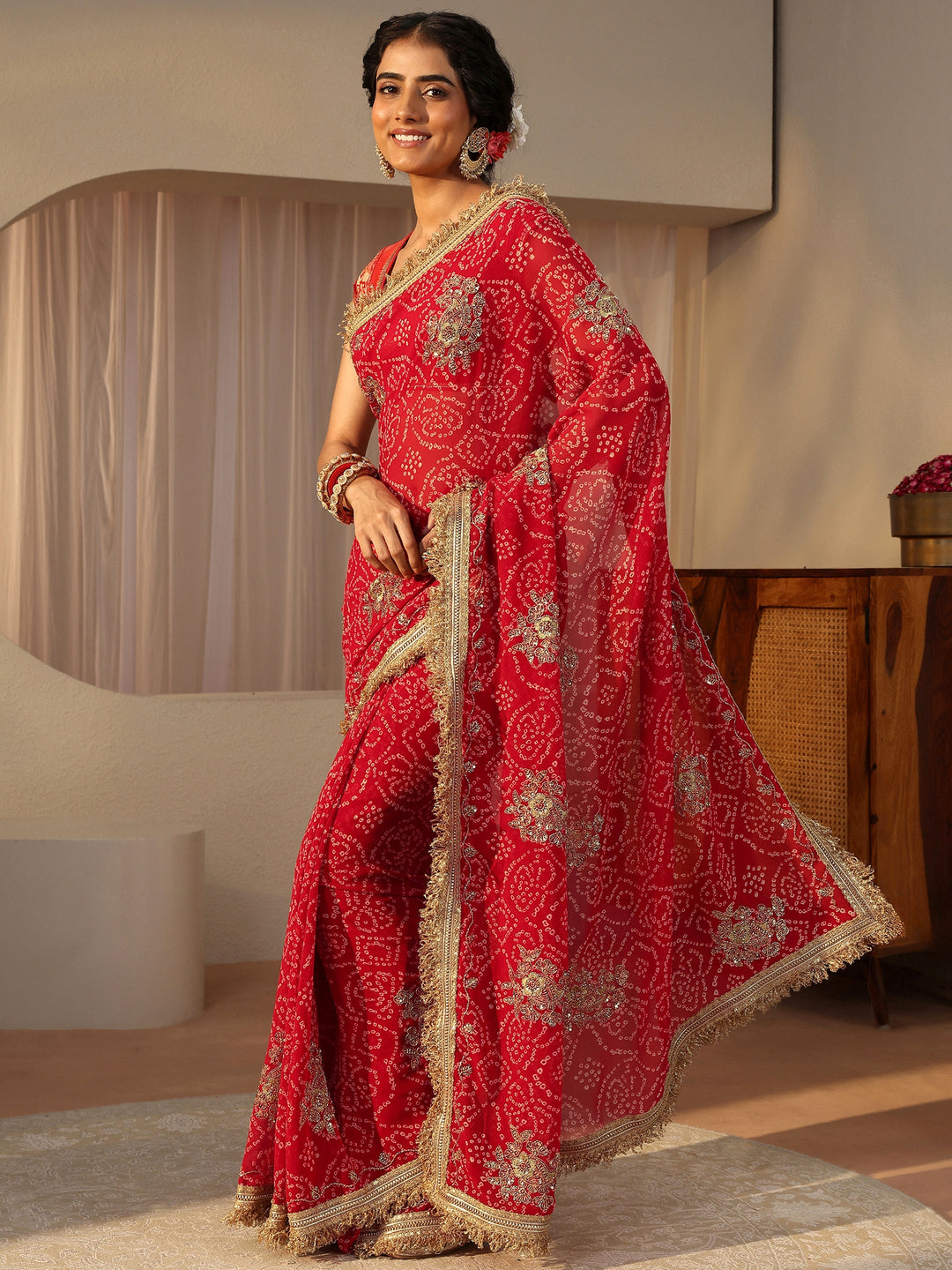  Red Bandhani Printed Chiffon Saree 