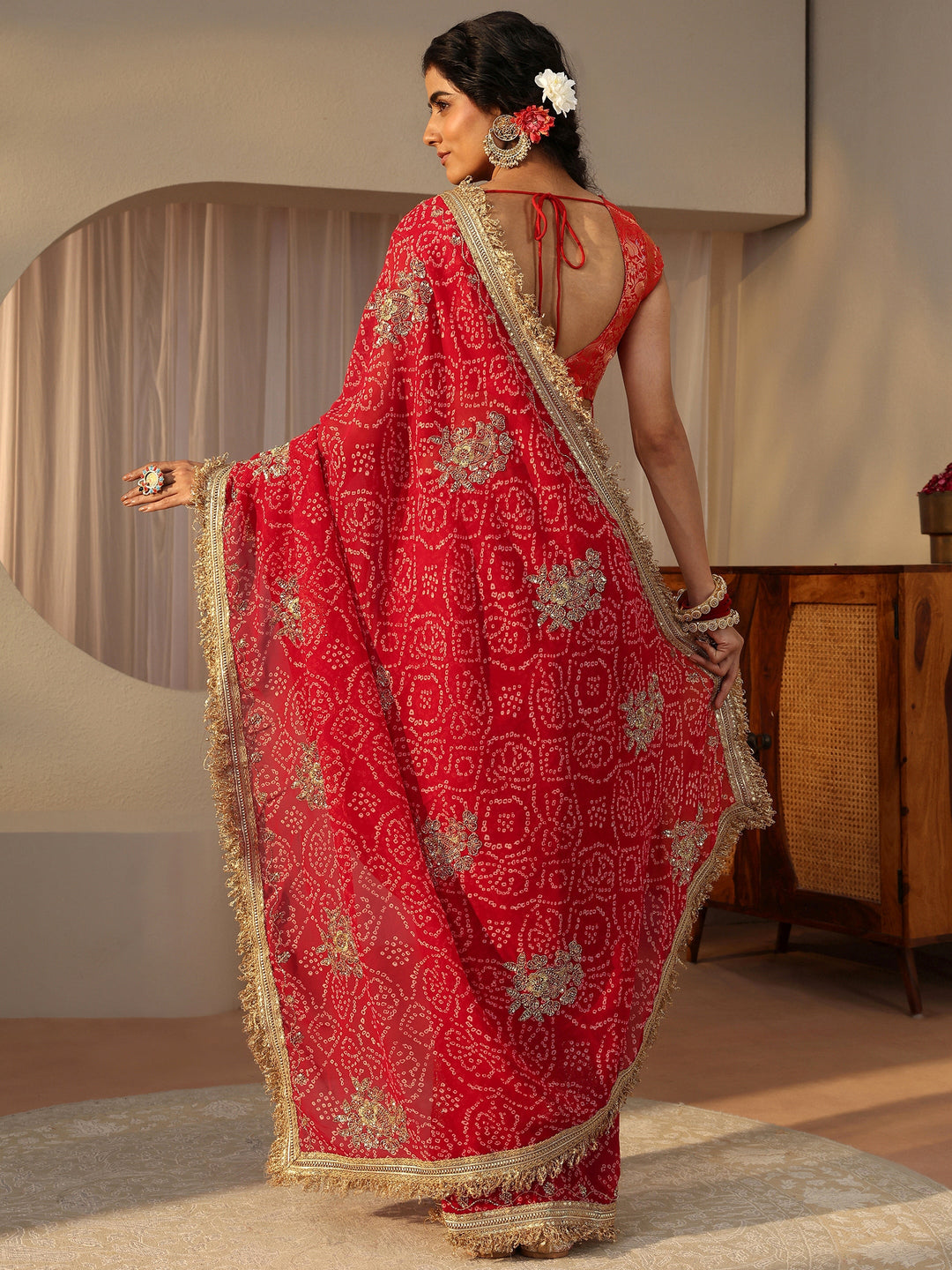  Red Bandhani Printed Chiffon Saree 