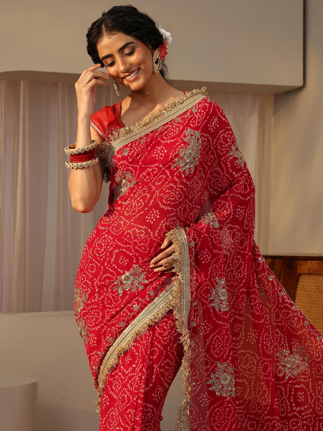  Red Bandhani Printed Chiffon Saree 