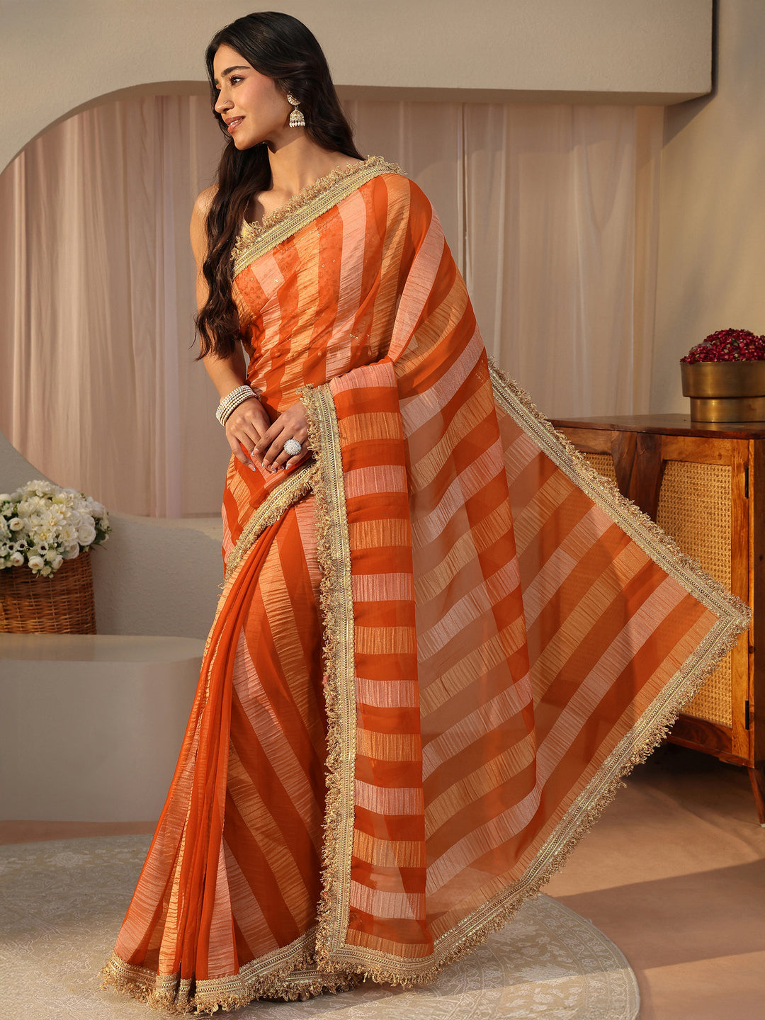  Orange Striped Tissue Saree 