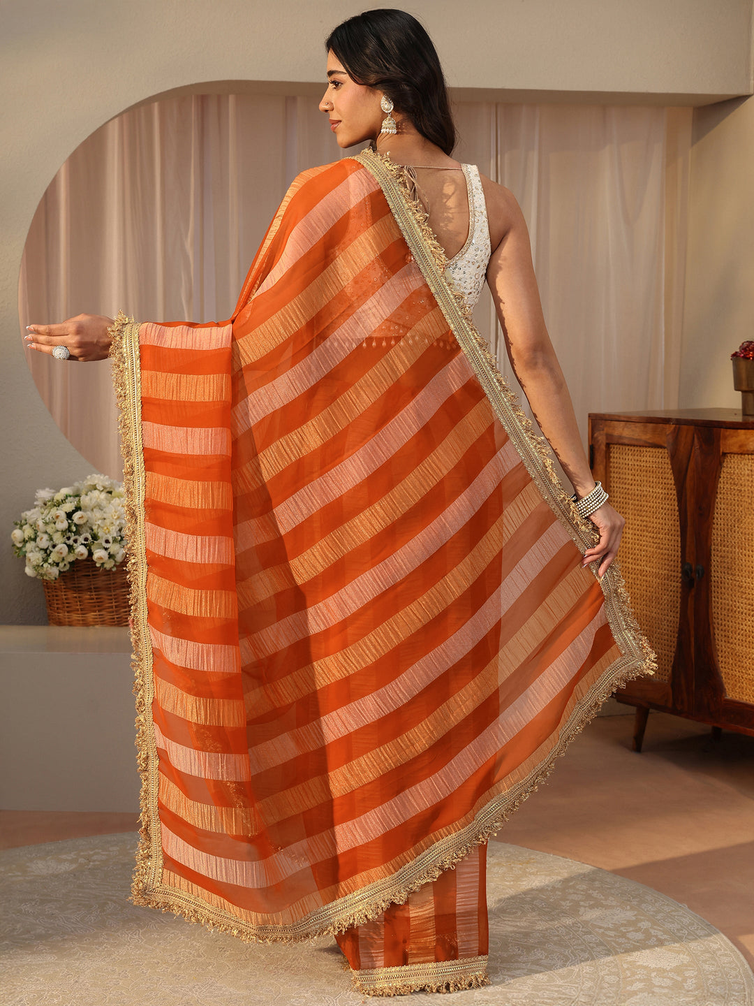  Orange Striped Tissue Saree 
