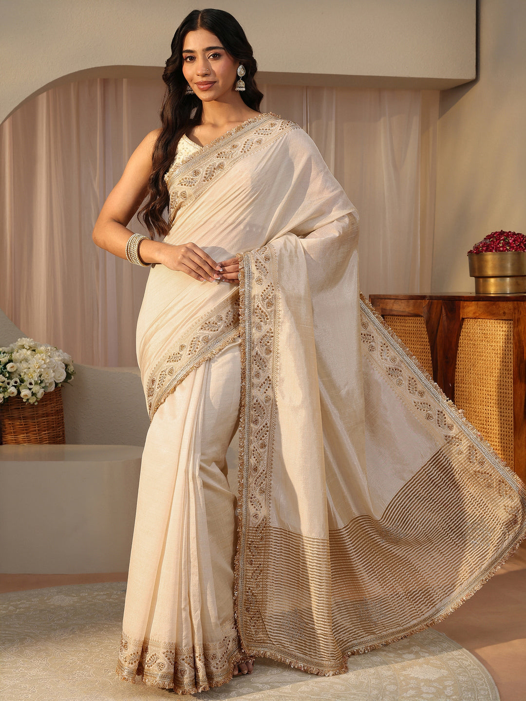  Ivory Solid Silk Blend Saree 