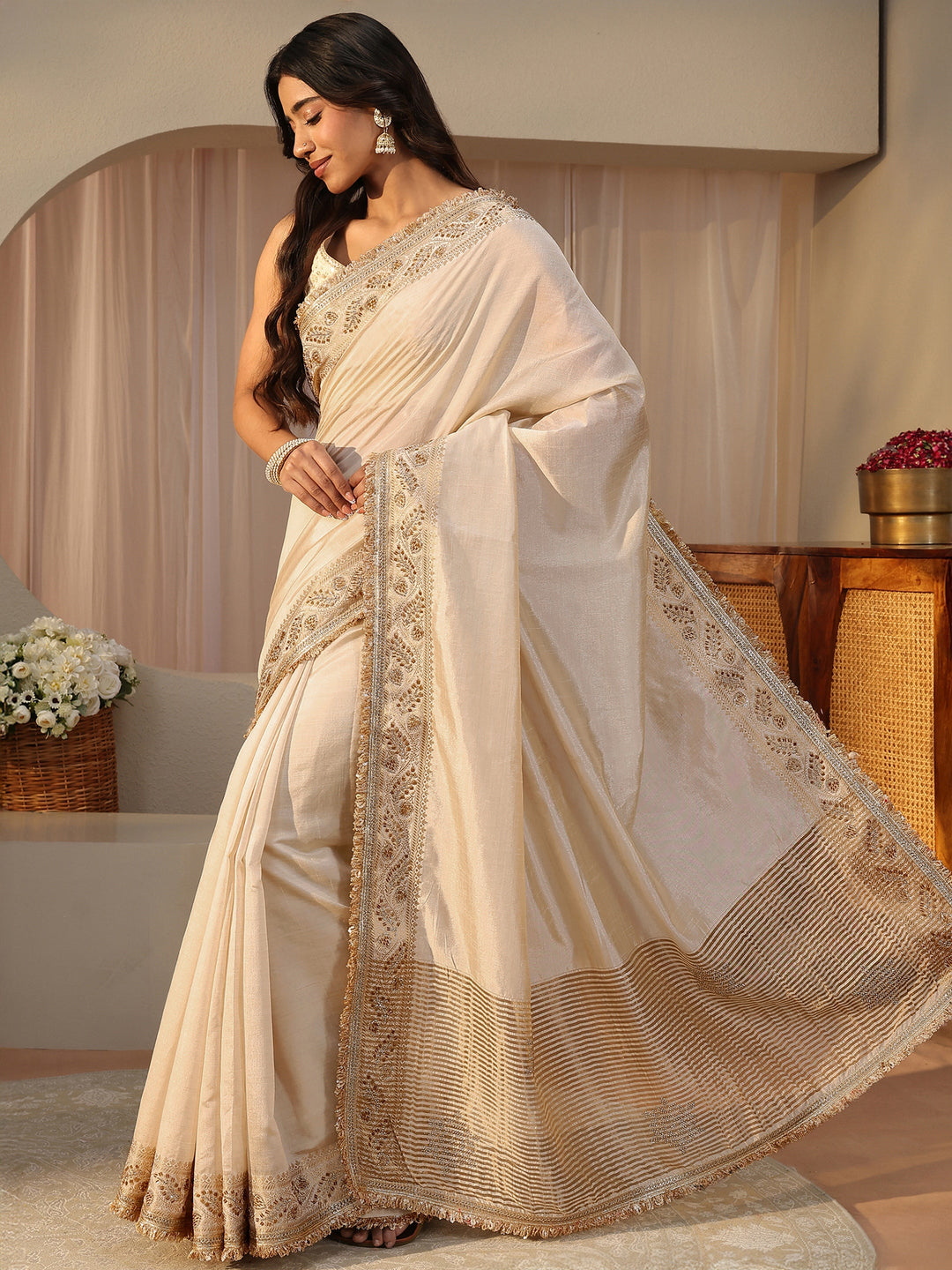  Ivory Solid Silk Blend Saree 