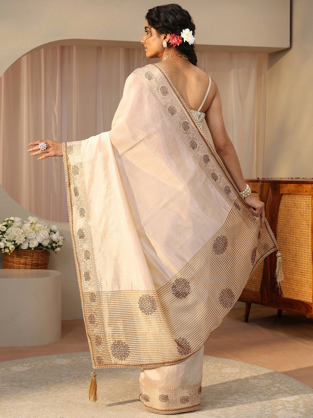  Ivory Solid Silk Blend Saree 