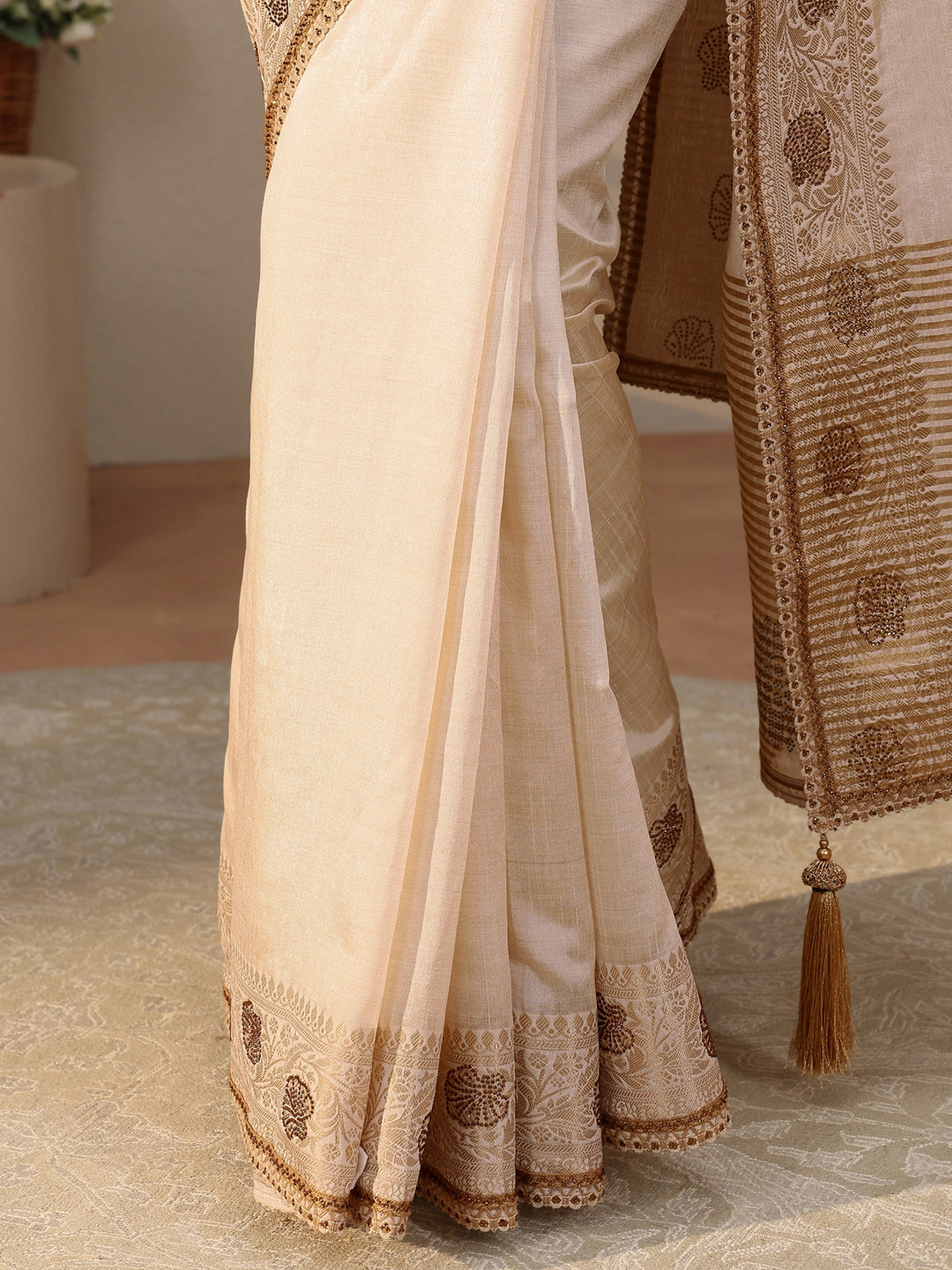  Ivory Solid Silk Blend Saree 