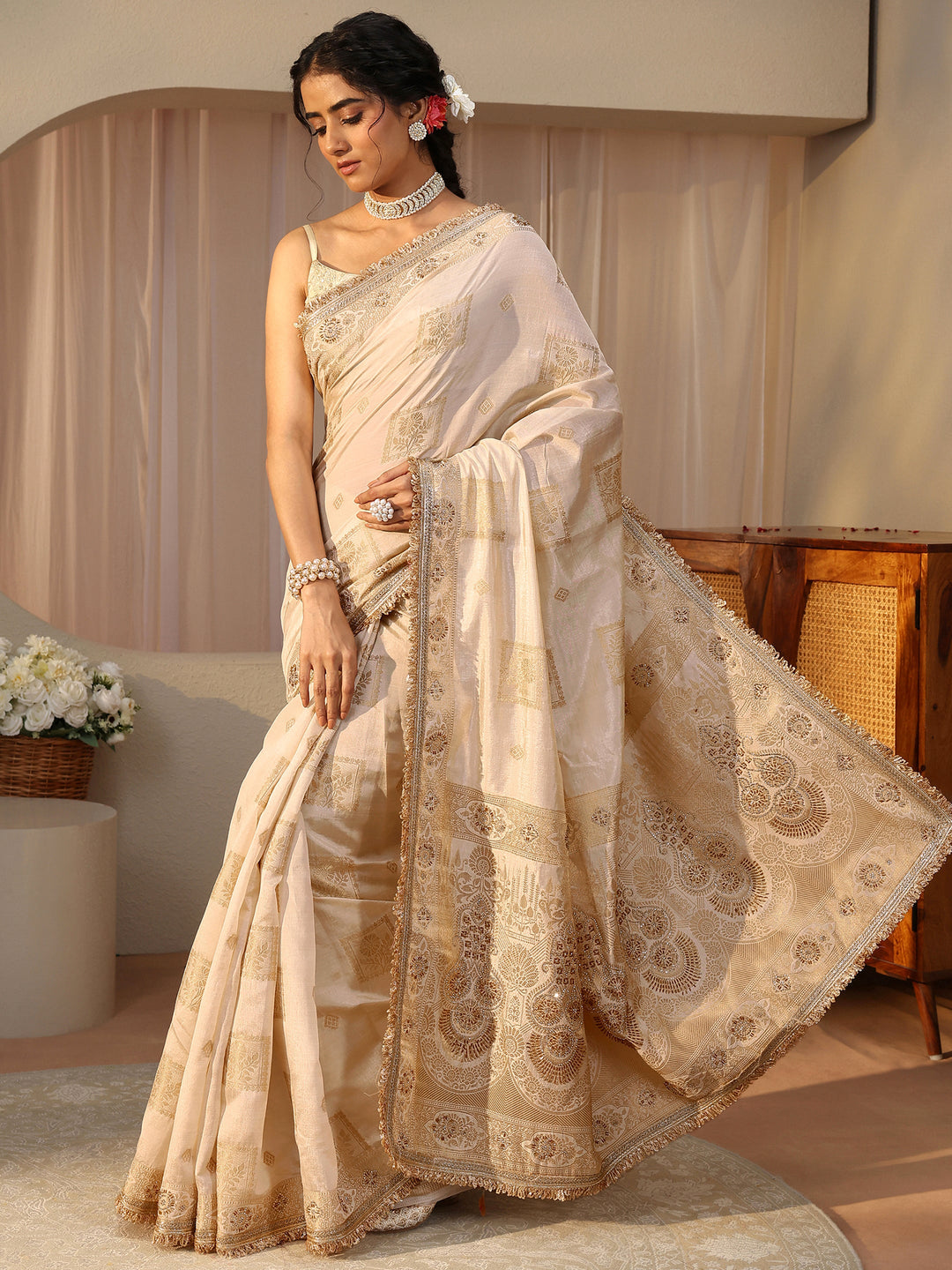  Ivory Floral Woven Design Silk Blend Saree 