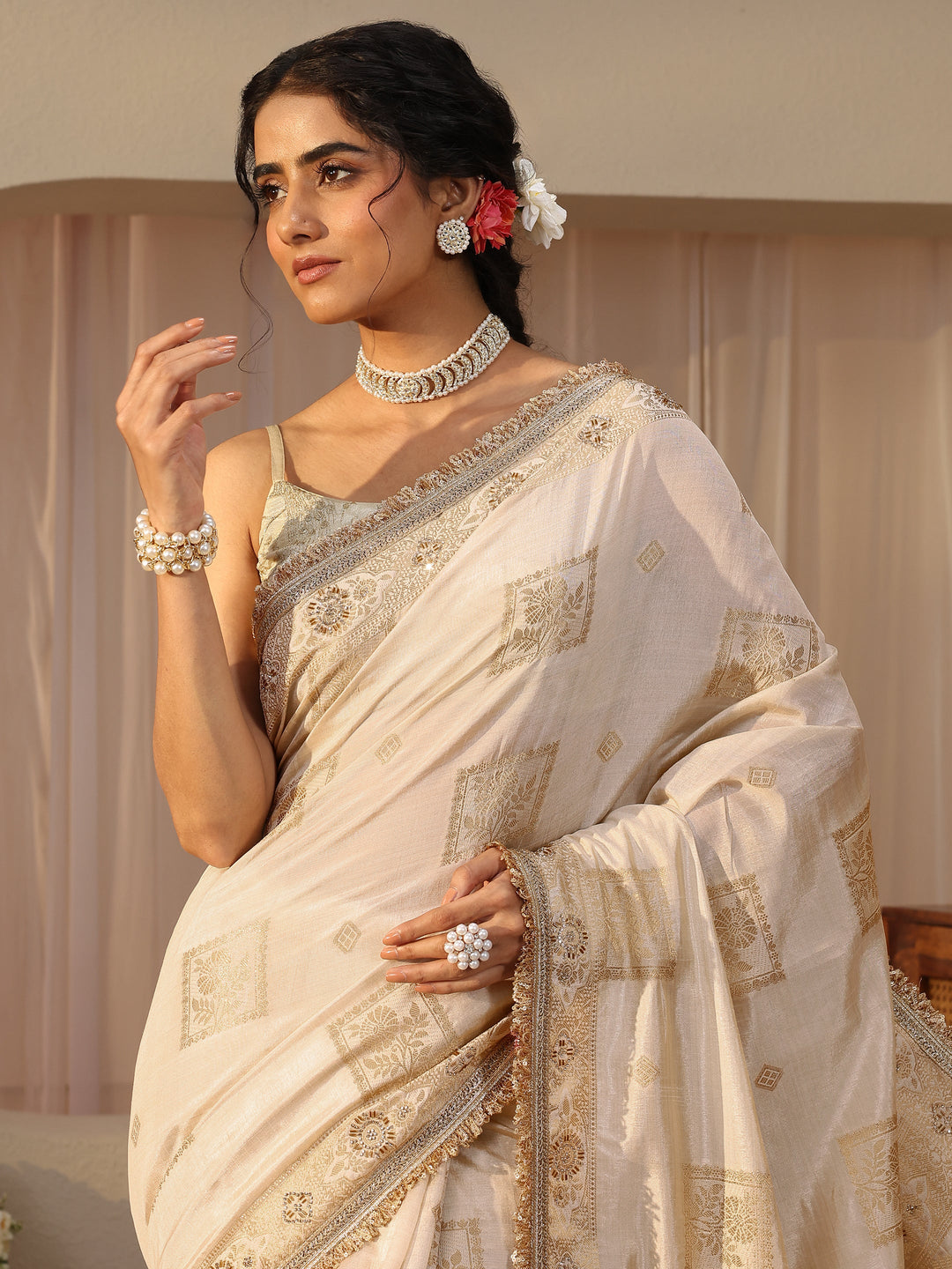  Ivory Floral Woven Design Silk Blend Saree 