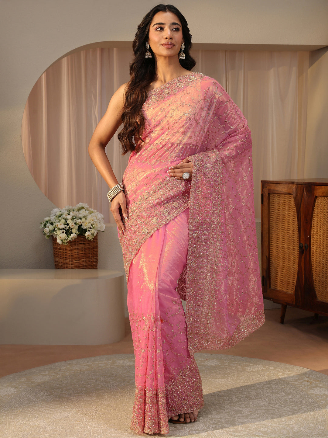  Pink Floral Embroidered Glossy Net Saree 