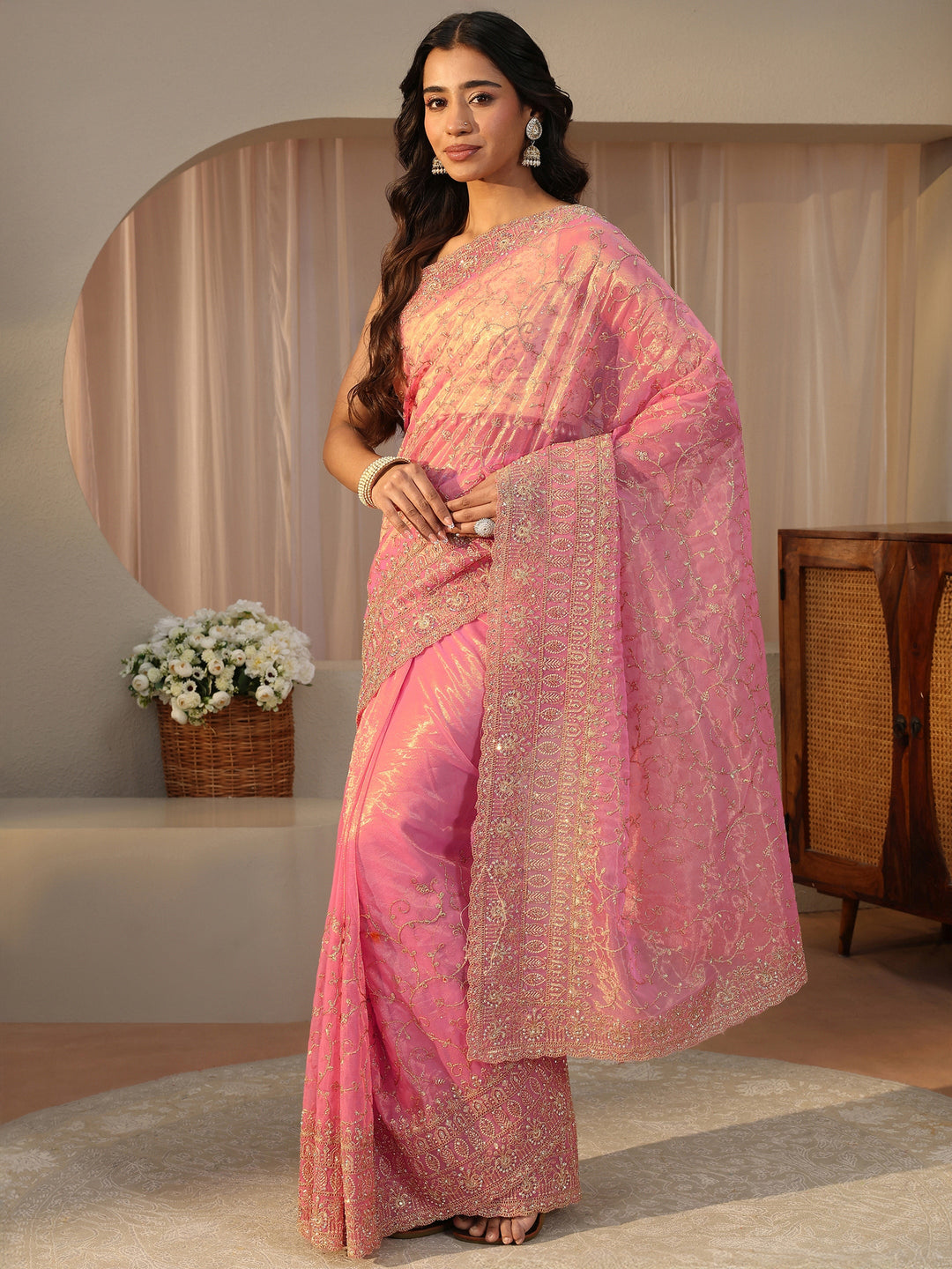  Pink Floral Embroidered Glossy Net Saree 