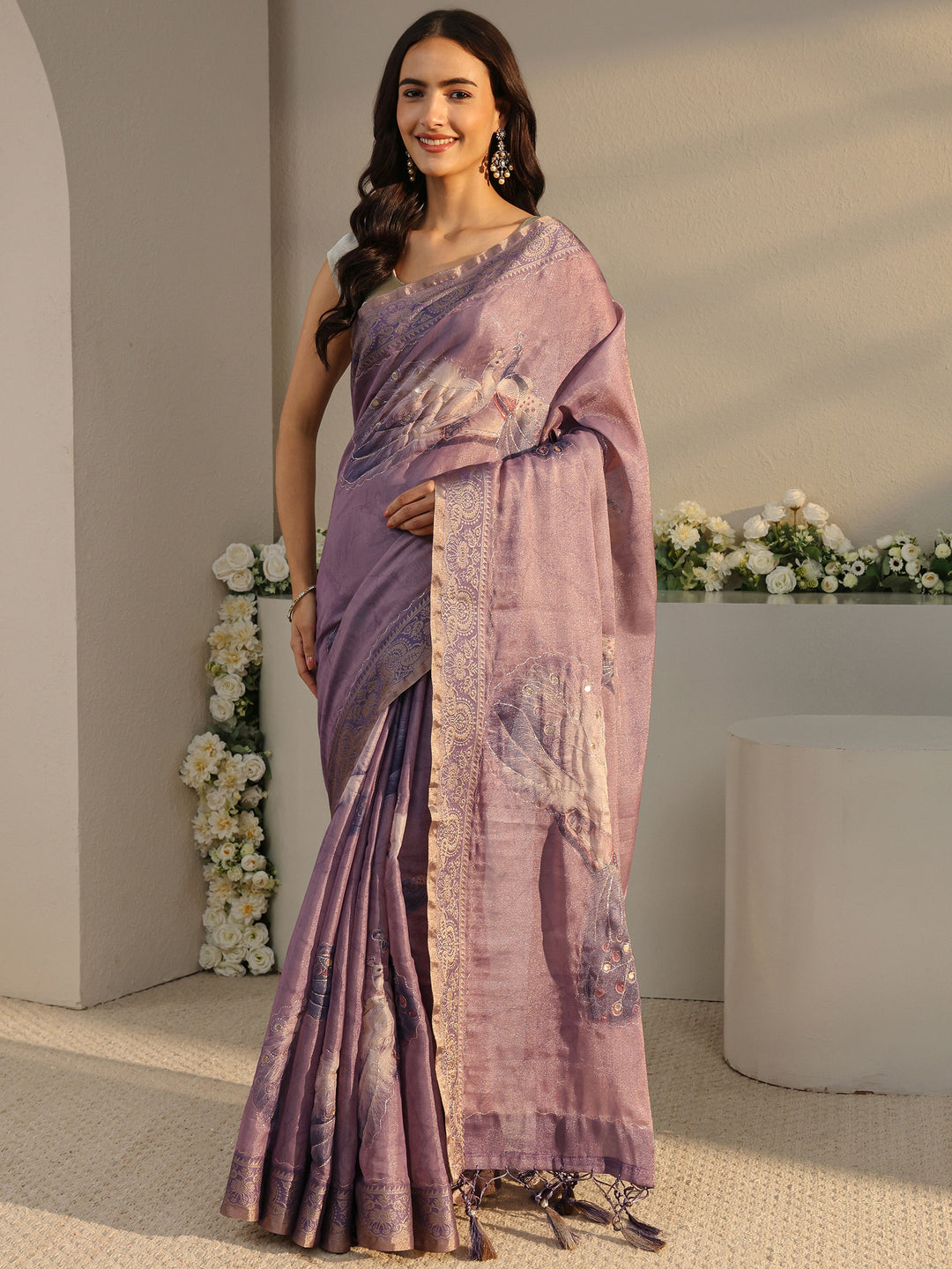  Purple Quirky Printed Silk Blend Saree With Unstitched Blouse Piece 