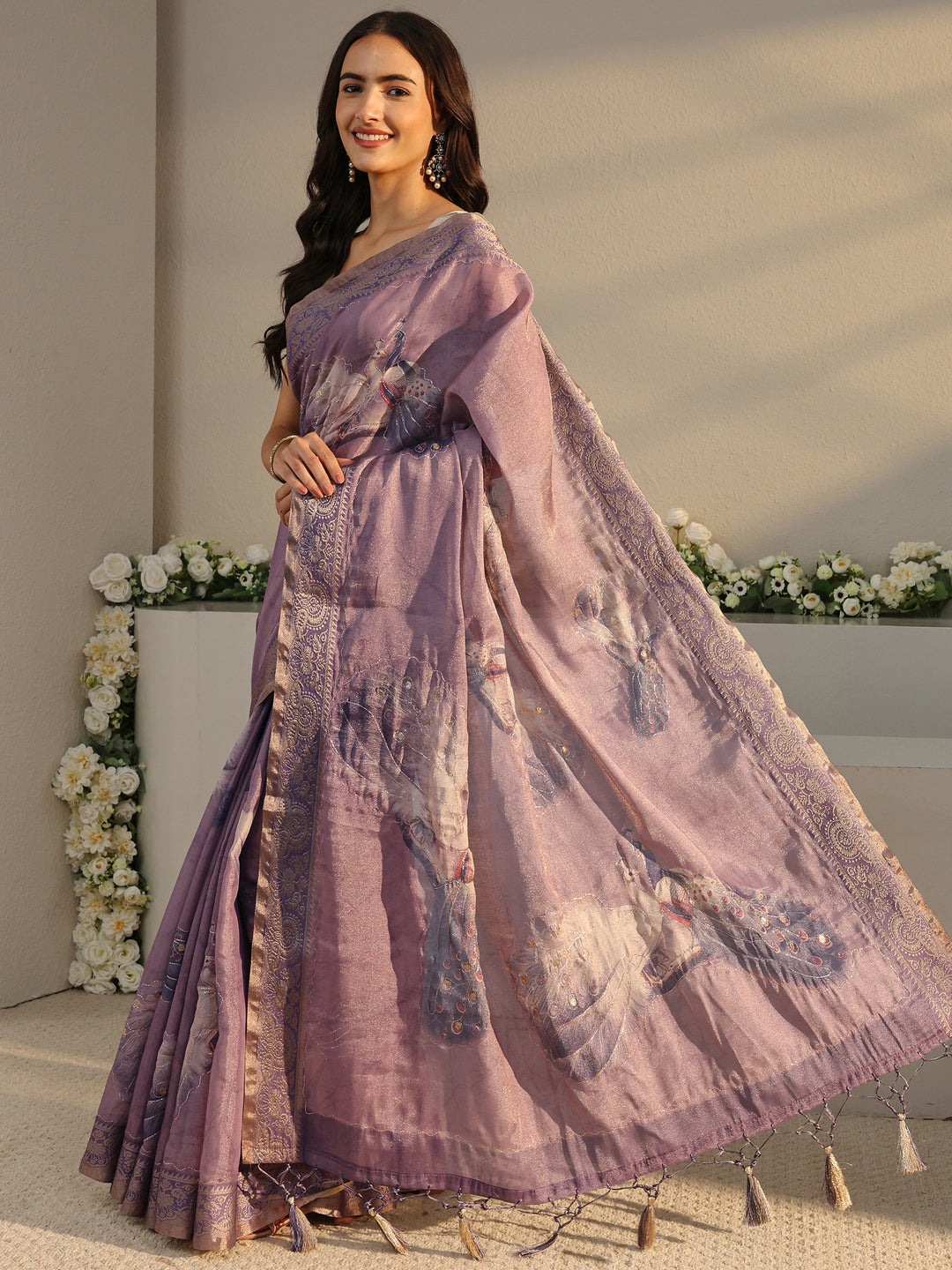  Purple Quirky Printed Silk Blend Saree With Unstitched Blouse Piece 
