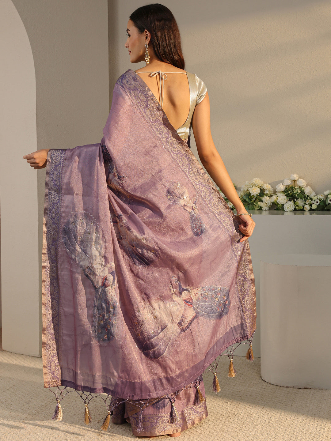  Purple Quirky Printed Silk Blend Saree With Unstitched Blouse Piece 
