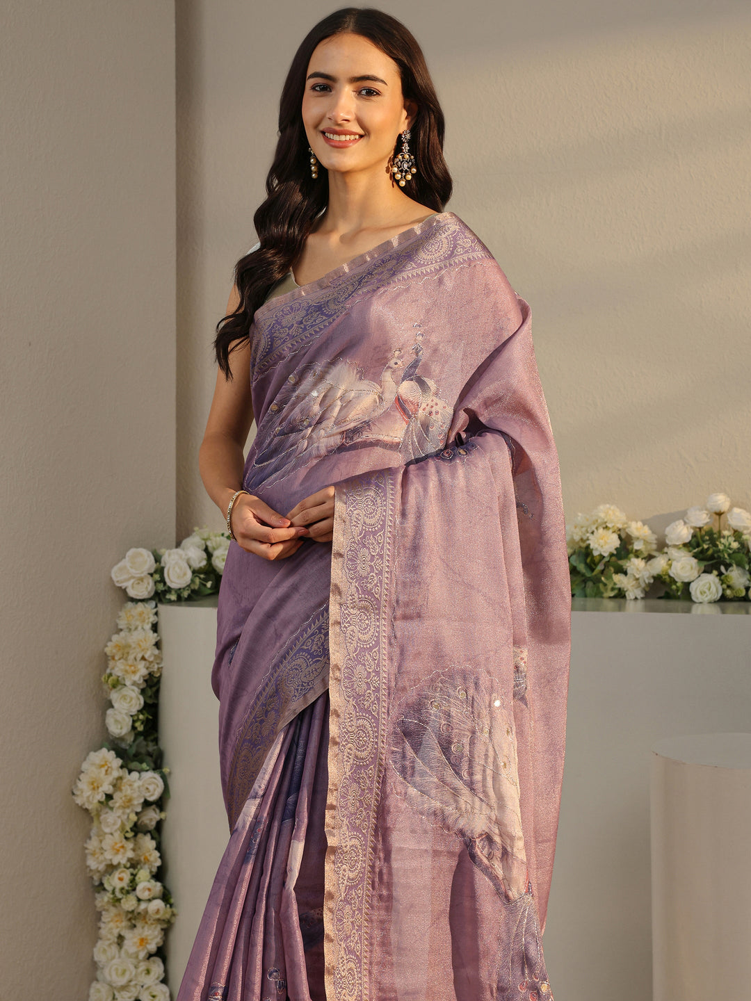  Purple Quirky Printed Silk Blend Saree With Unstitched Blouse Piece 