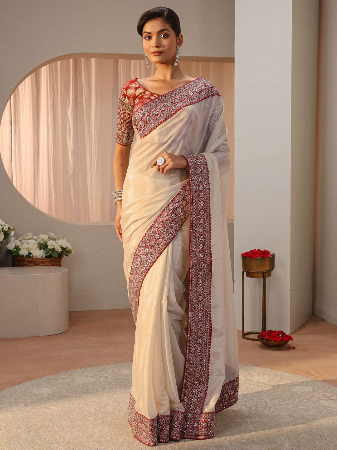  Ivory Satin Saree With Floral Border 