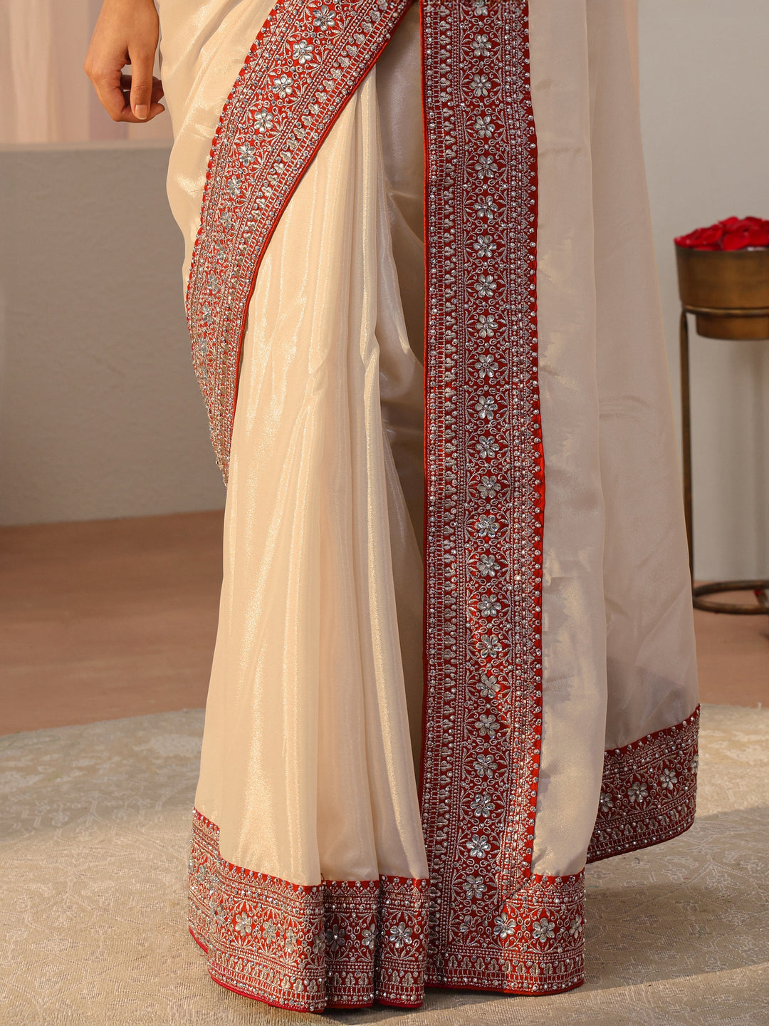  Ivory Satin Saree With Floral Border 