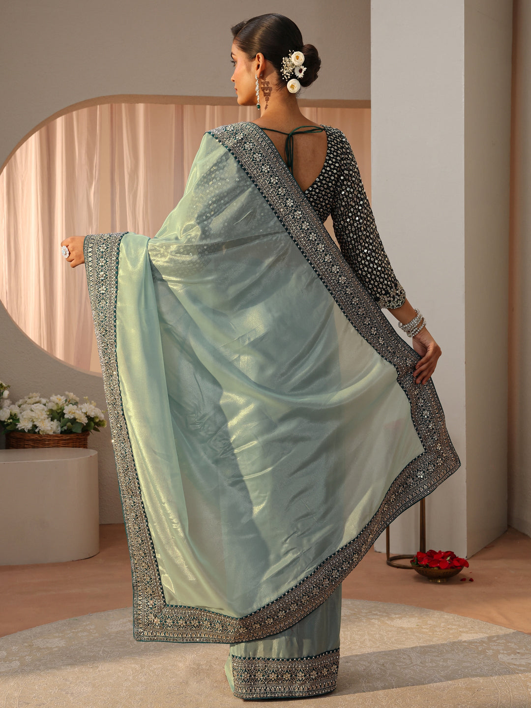  Sea Green Satin Saree With Floral Border 