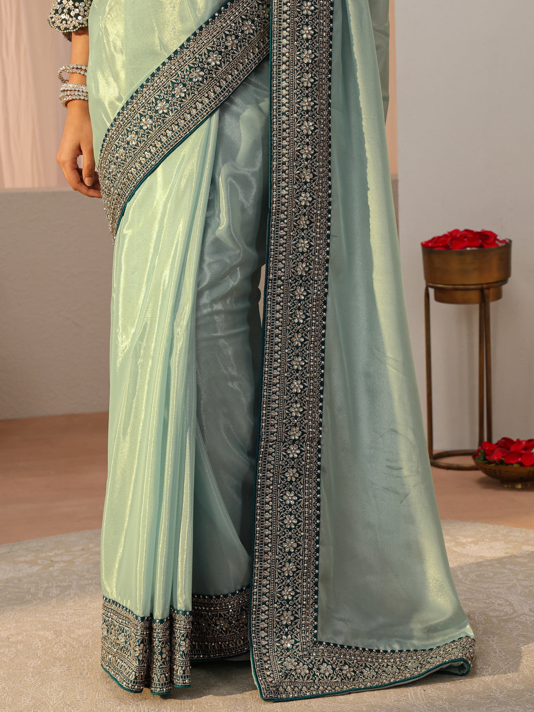  Sea Green Satin Saree With Floral Border 