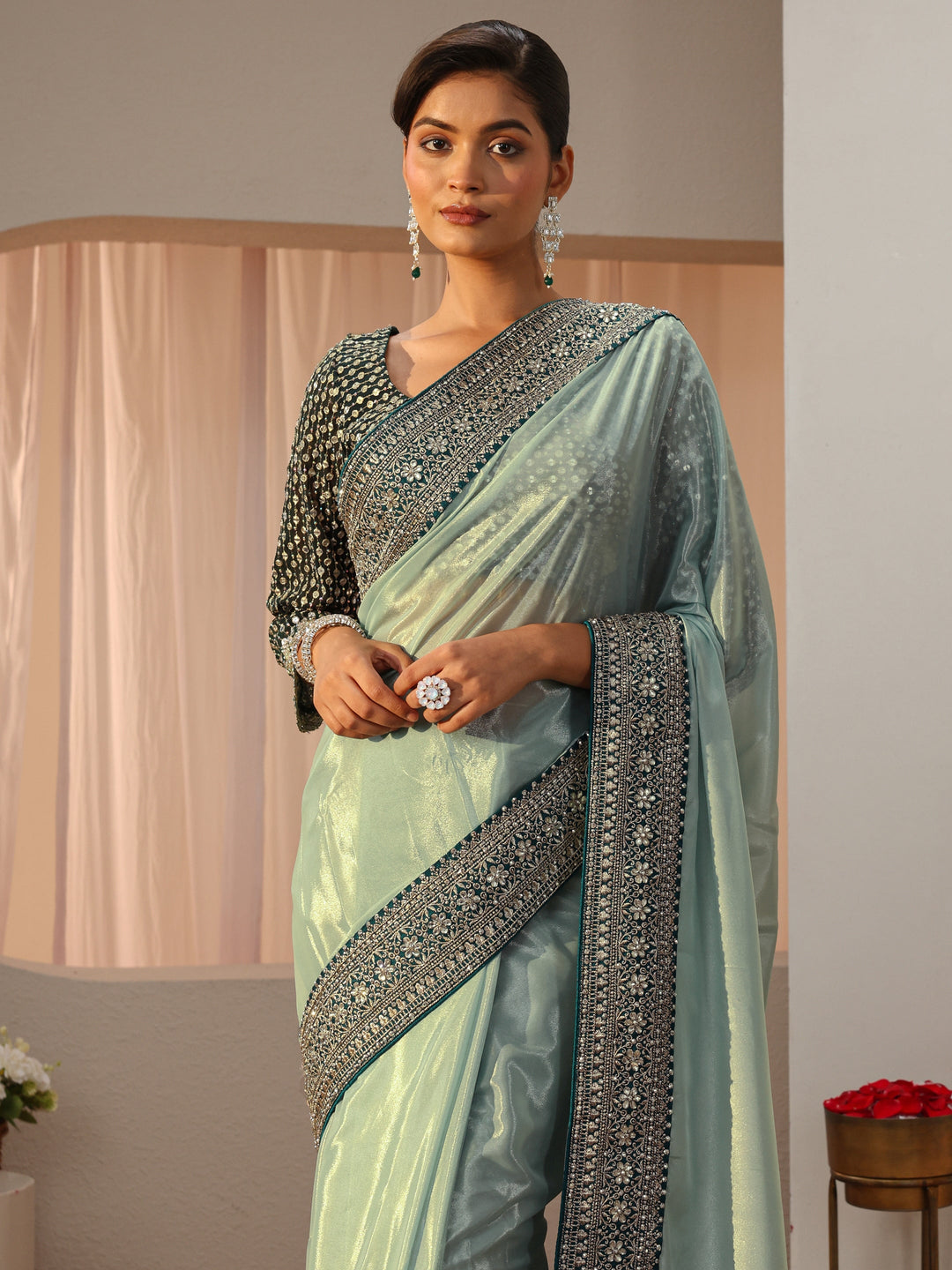  Sea Green Satin Saree With Floral Border 