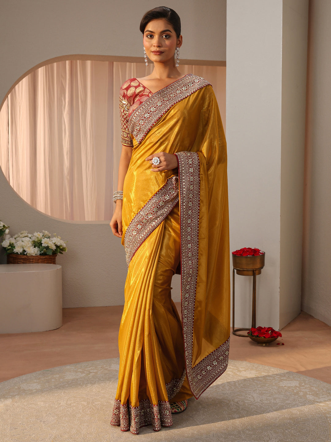  Mustard Satin Saree With Floral Border 