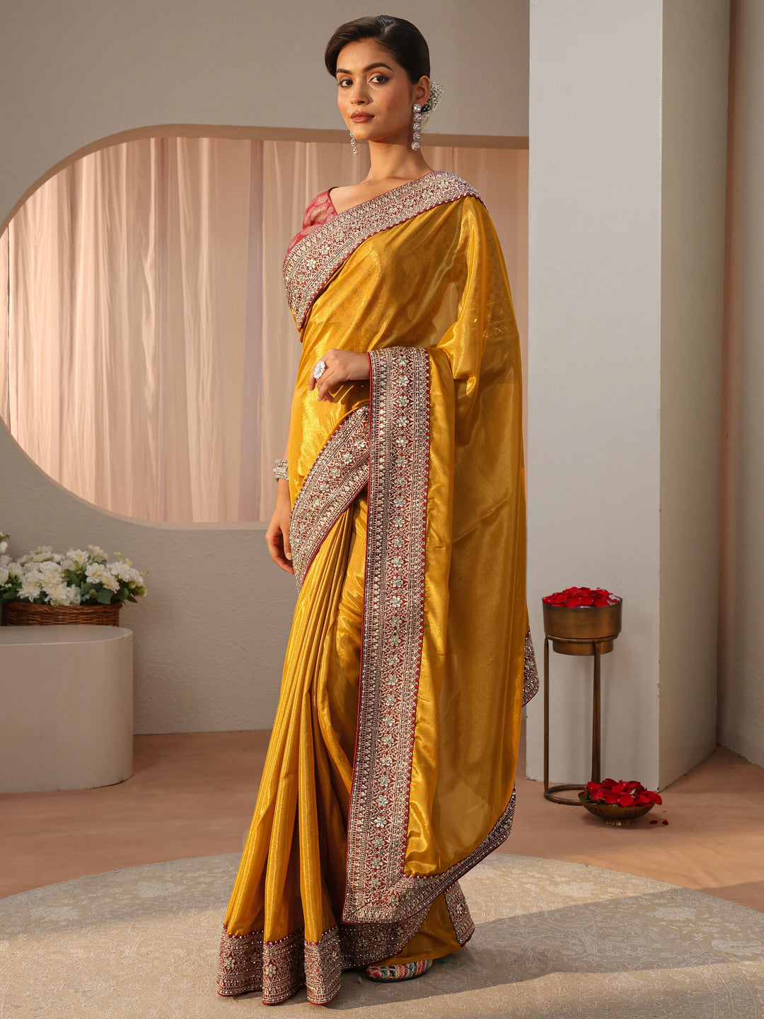 Mustard Satin Saree With Floral Border 
