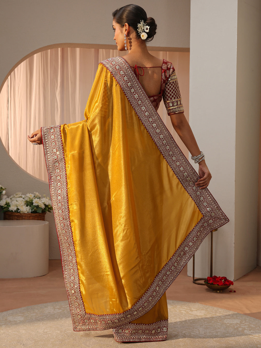  Mustard Satin Saree With Floral Border 