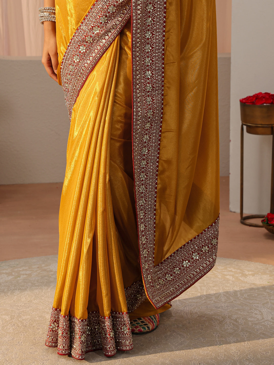  Mustard Satin Saree With Floral Border 