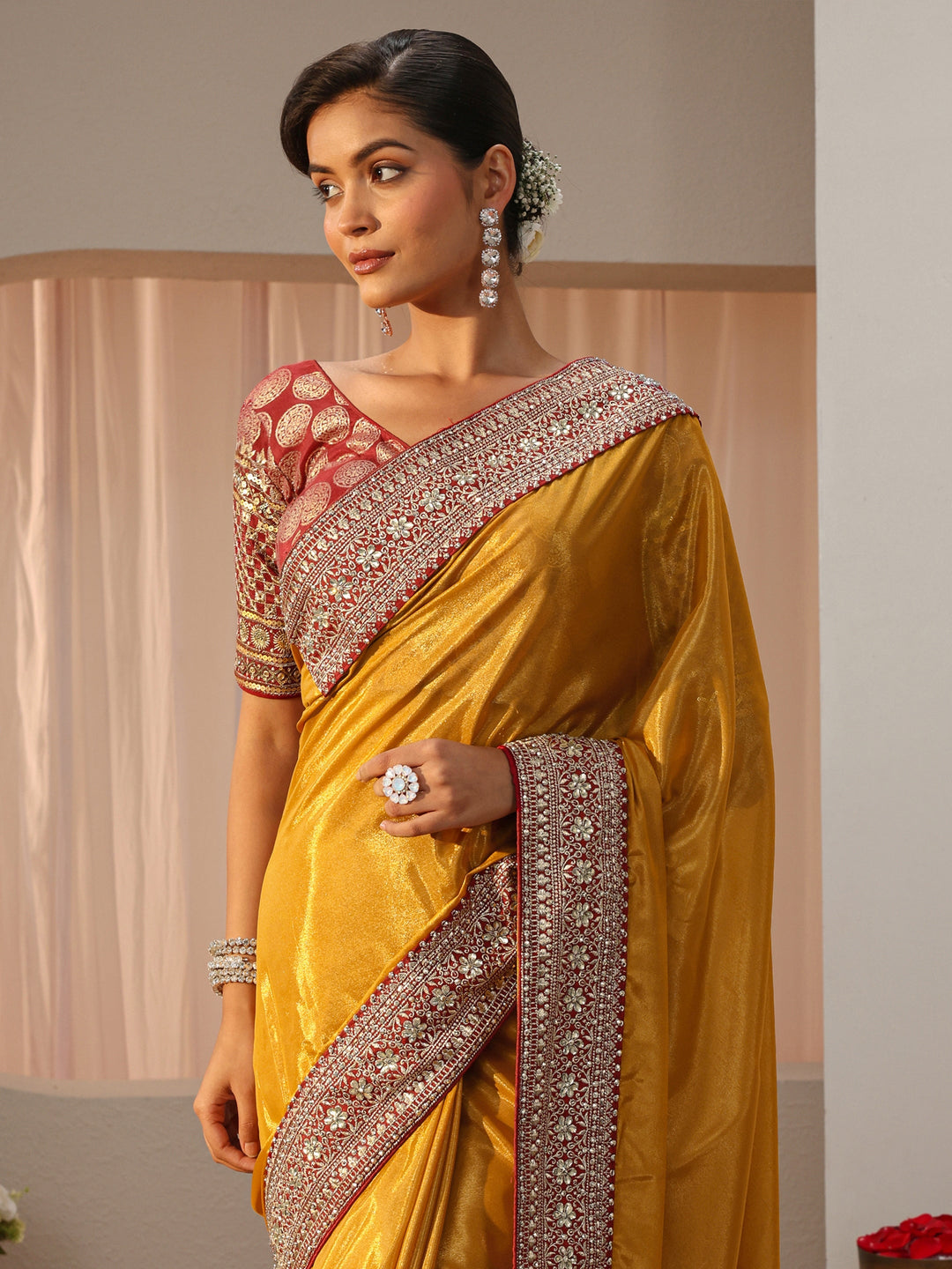  Mustard Satin Saree With Floral Border 