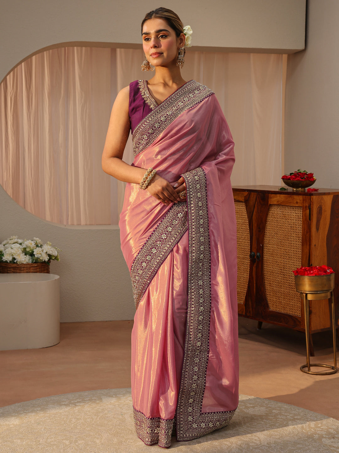  Peach Satin Saree With Floral Border 