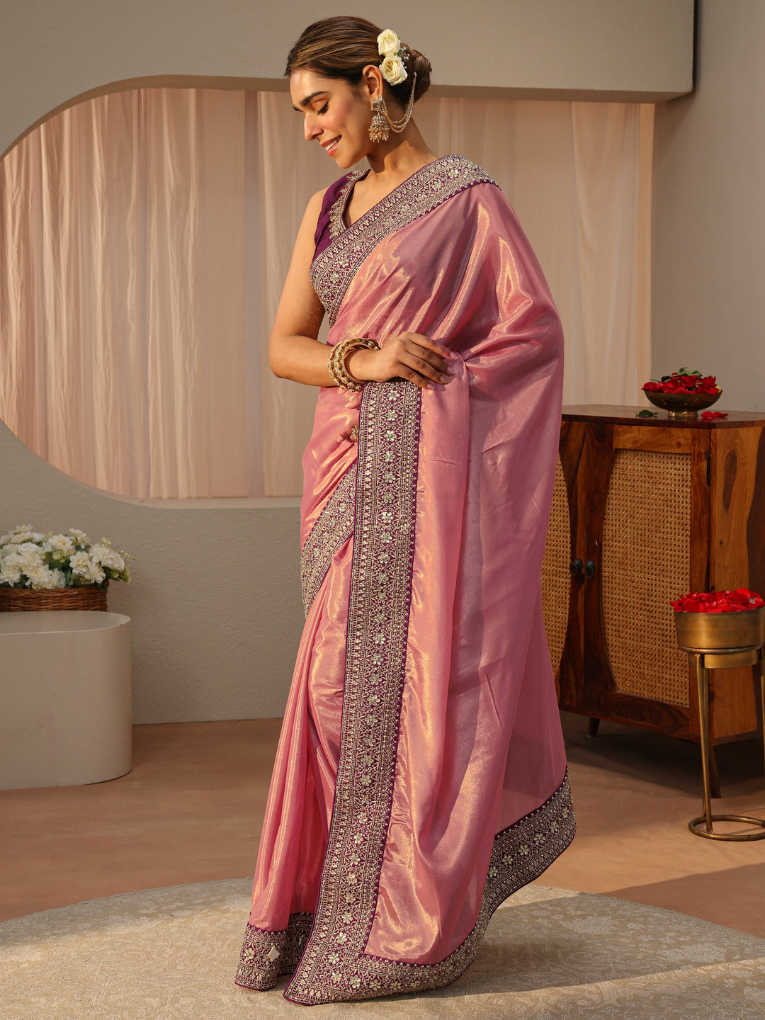  Peach Satin Saree With Floral Border 