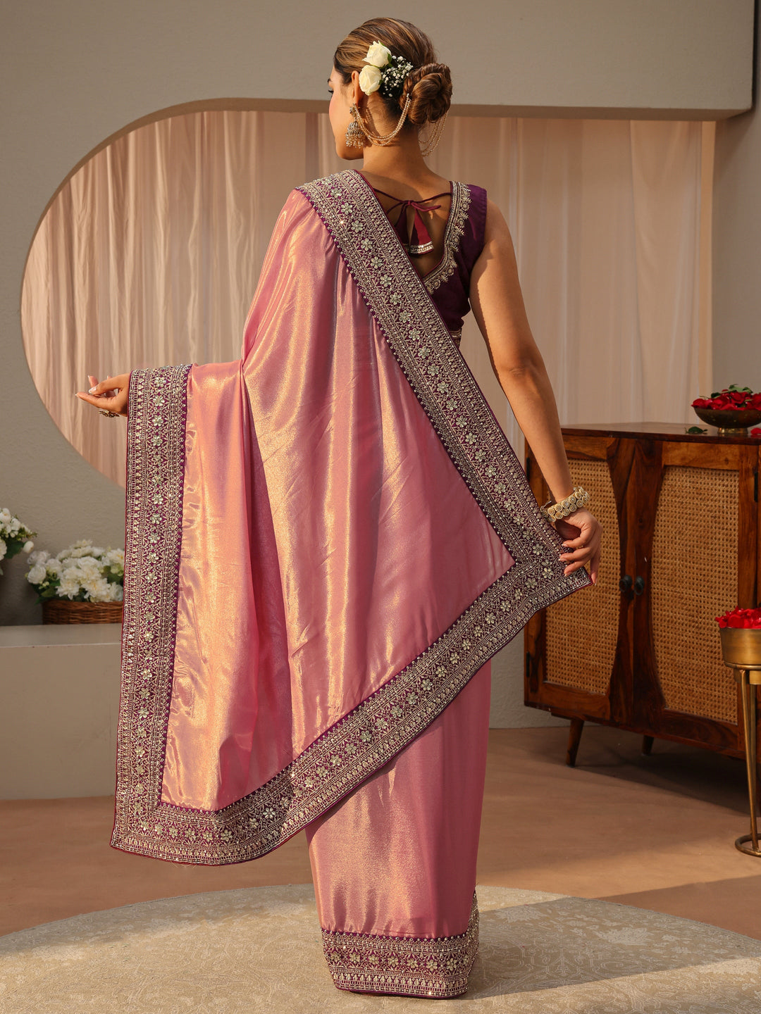  Peach Satin Saree With Floral Border 