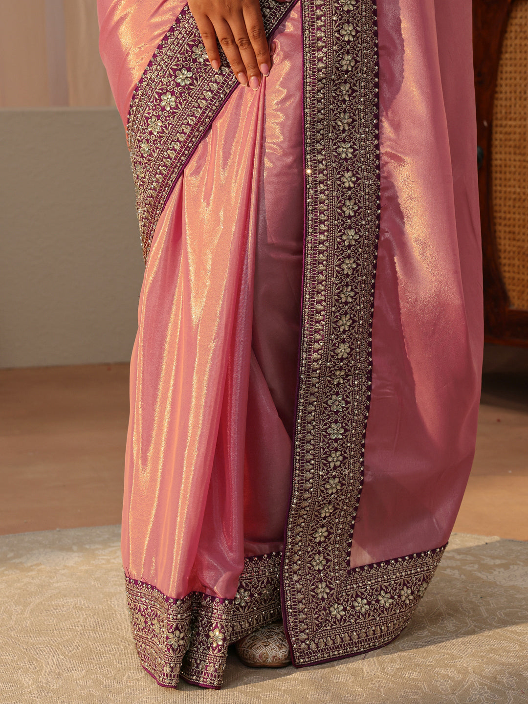  Peach Satin Saree With Floral Border 
