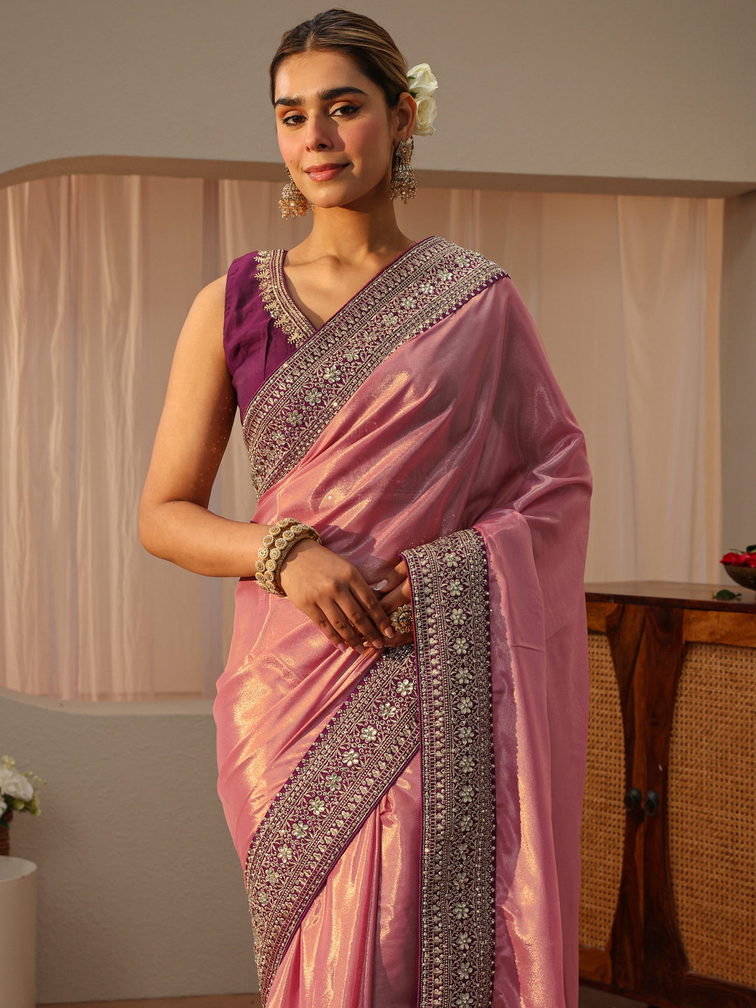  Peach Satin Saree With Floral Border 