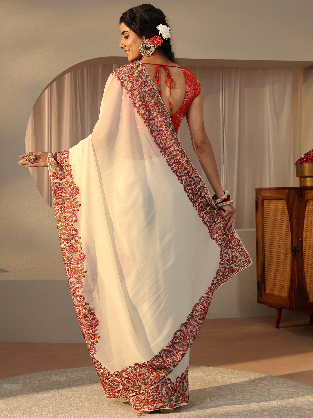  Ivory Floral Embroidered Border Georgette Saree 