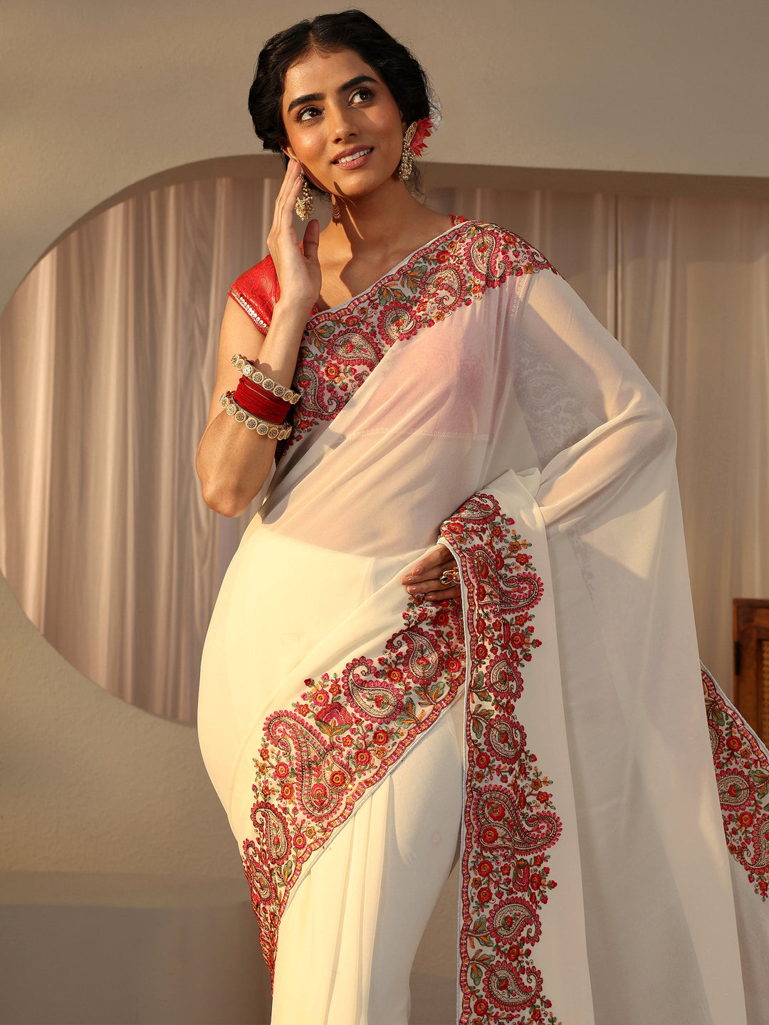  Ivory Floral Embroidered Border Georgette Saree 