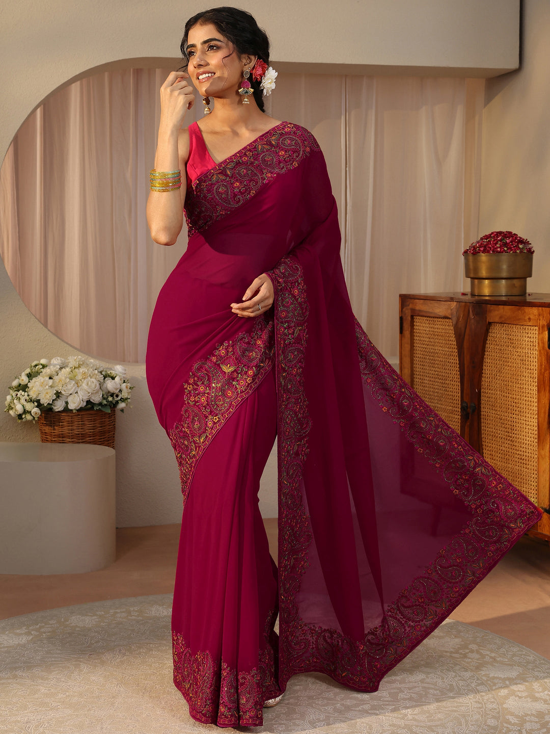  Rani Pink Floral Embroidered Border Georgette Saree 