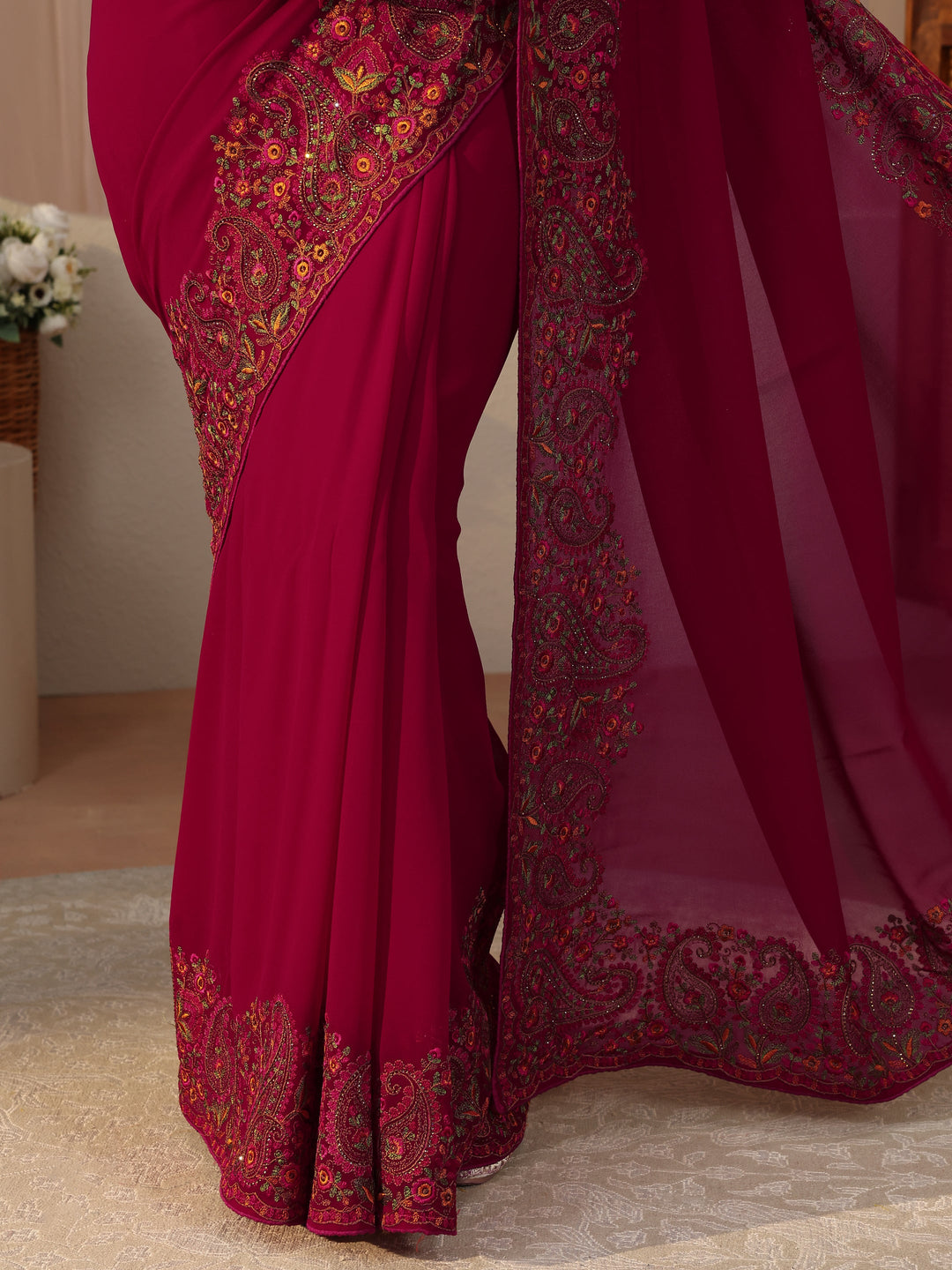  Rani Pink Floral Embroidered Border Georgette Saree 