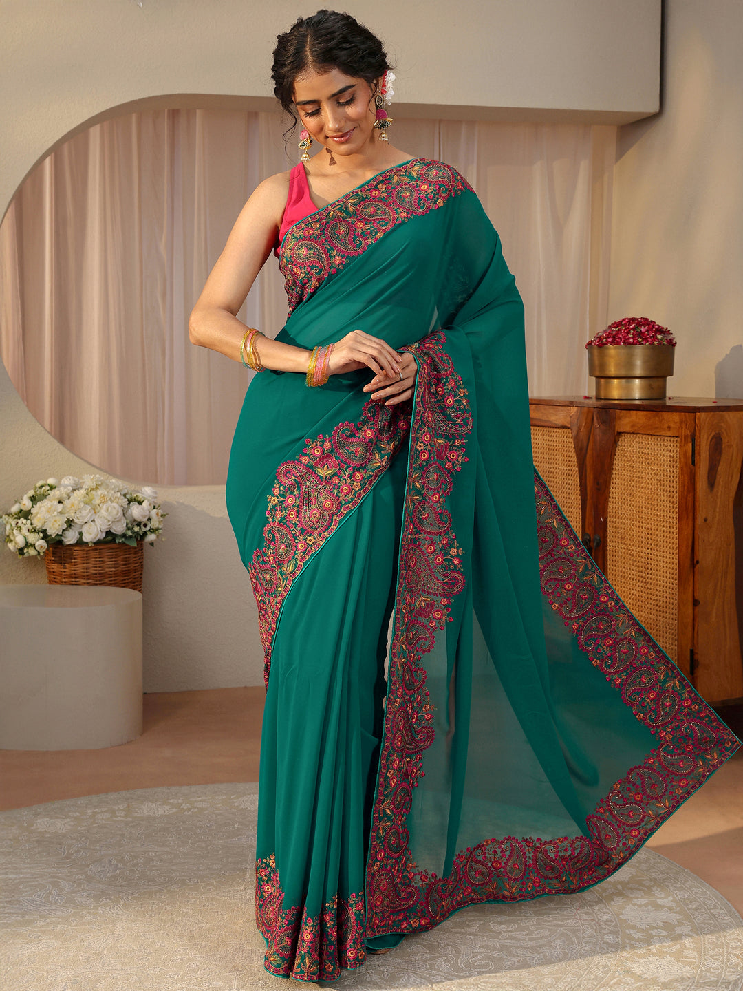  Green Floral Embroidered Border Georgette Saree 