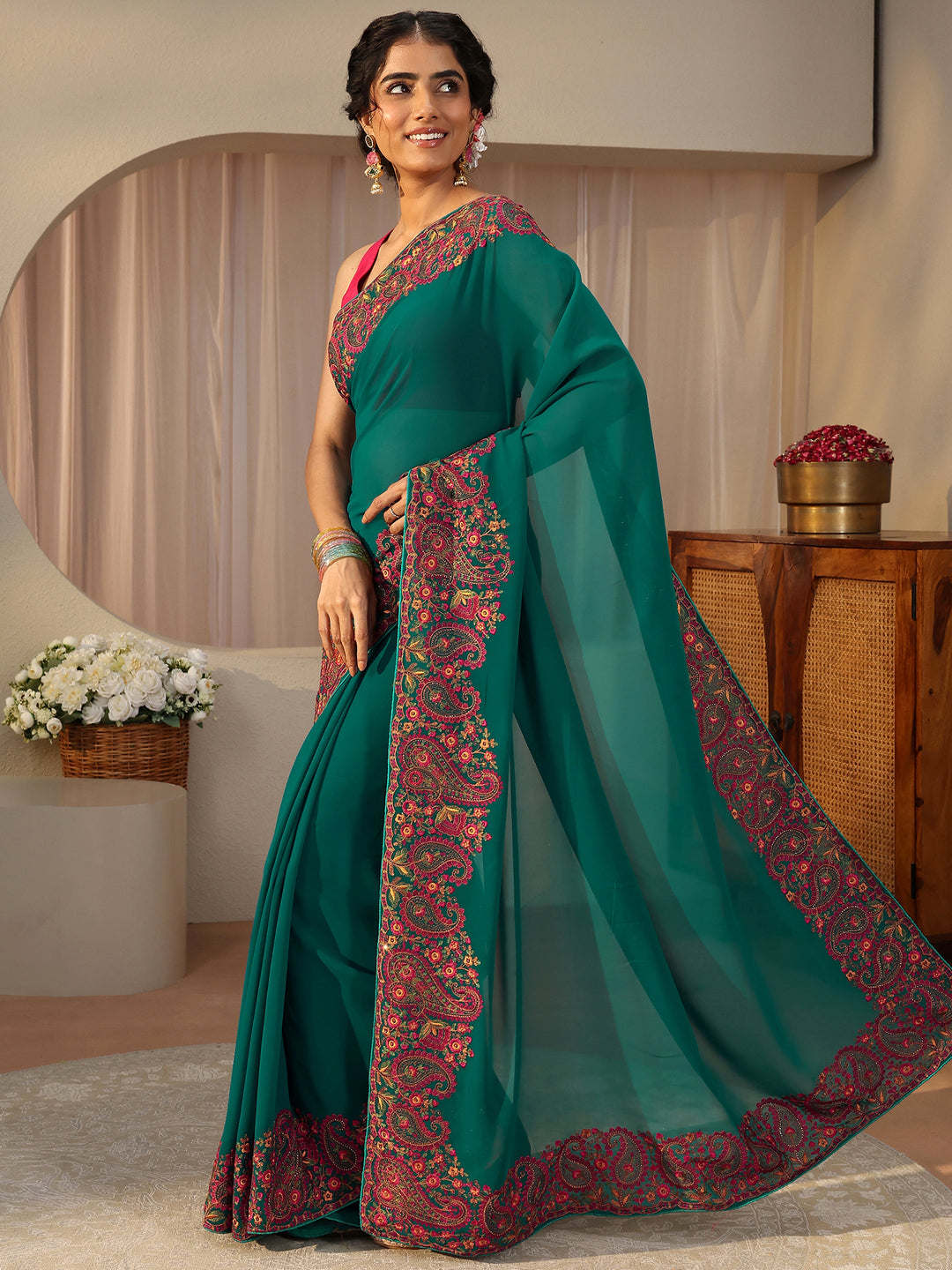  Green Floral Embroidered Border Georgette Saree 