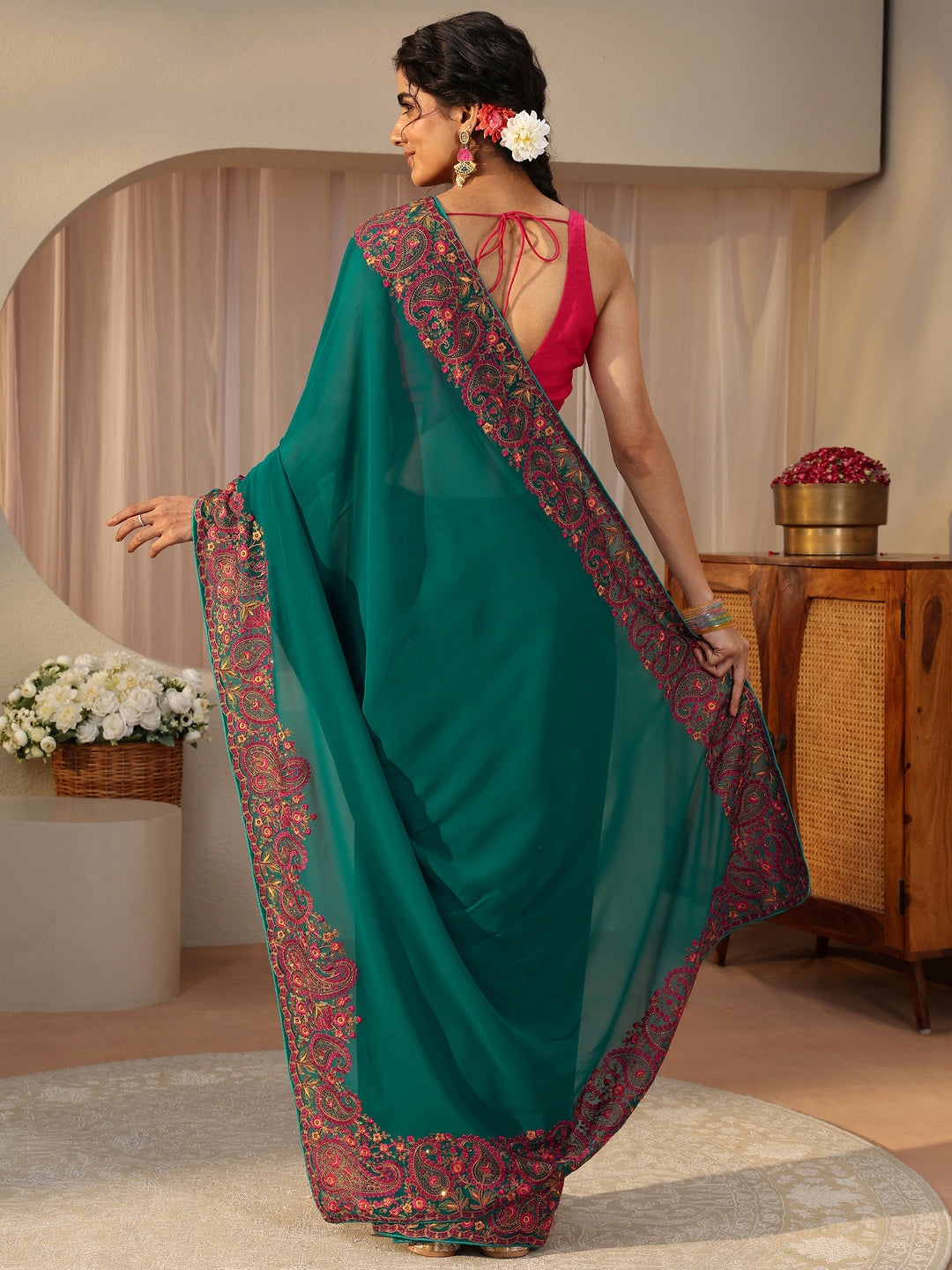  Green Floral Embroidered Border Georgette Saree 