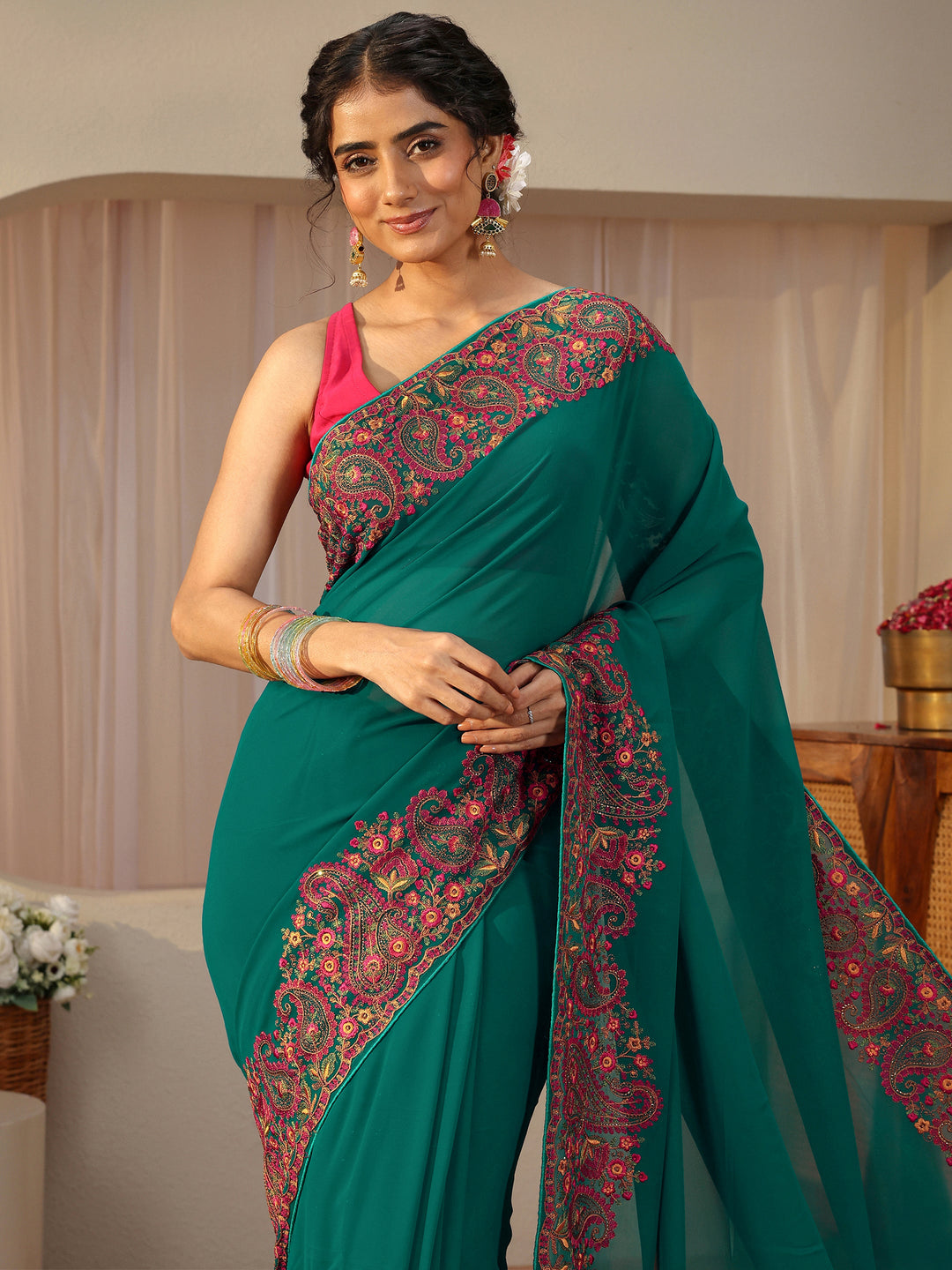  Green Floral Embroidered Border Georgette Saree 