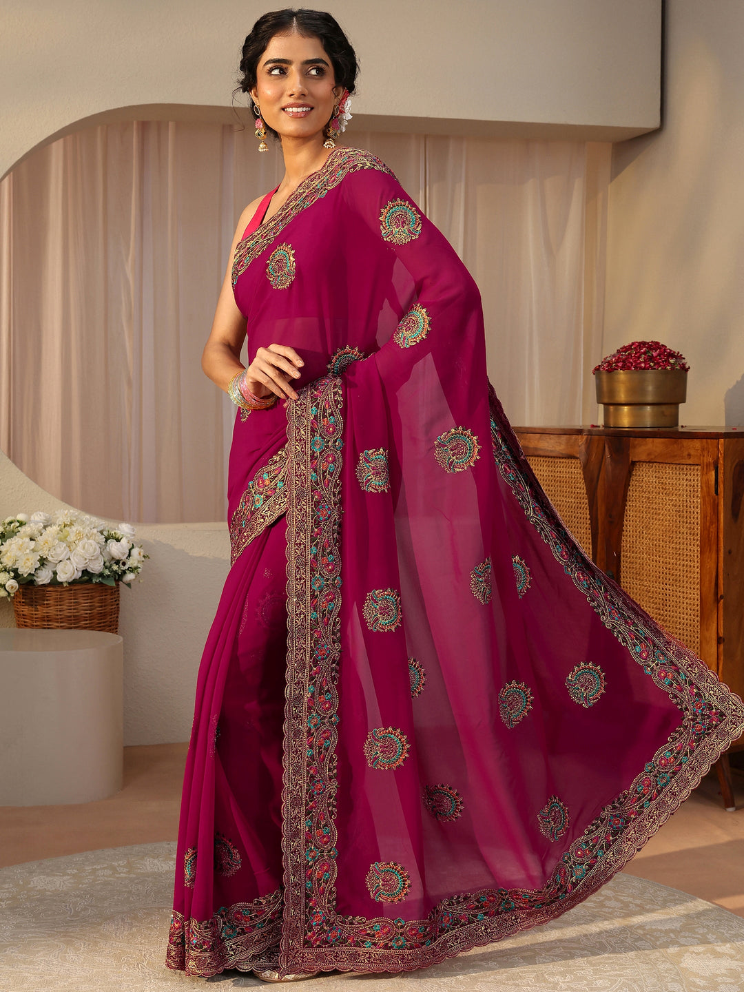  Pink Floral Embroidered Georgette Saree 